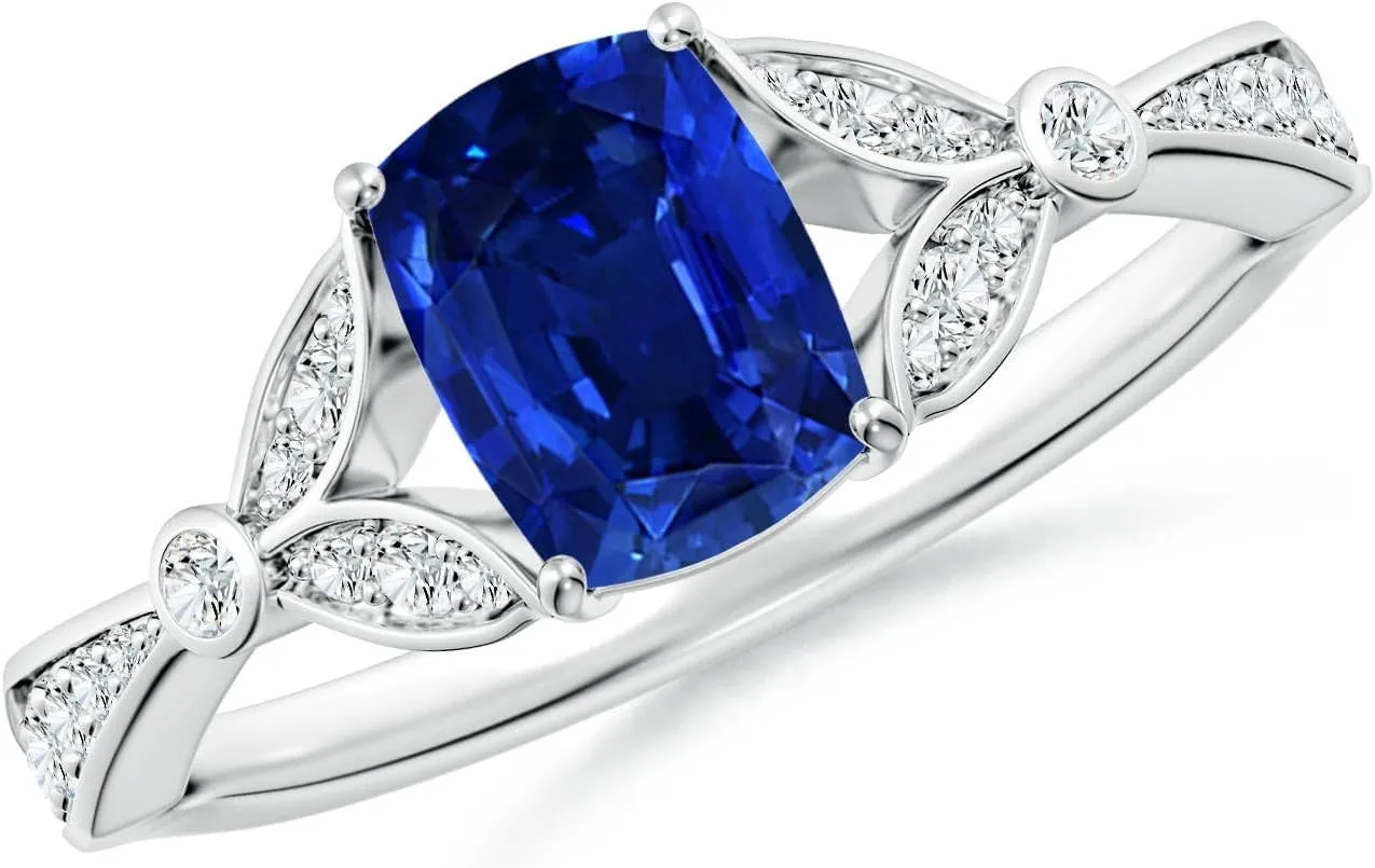 Angara Lab Grown Nature-Inspired Cushion Rectangular Blue Sapphire Engagement Ring with Leaf Motifs in 14K Solid Gold/Platinum | September Birthstone, Birthday, Anniversary Jewelry Gift for Women