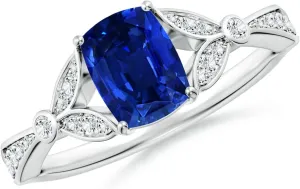 Angara Lab Grown Nature-Inspired Cushion Rectangular Blue Sapphire Engagement Ring with Leaf Motifs in 14K Solid Gold/Platinum | September Birthstone, Birthday, Anniversary Jewelry Gift for Women