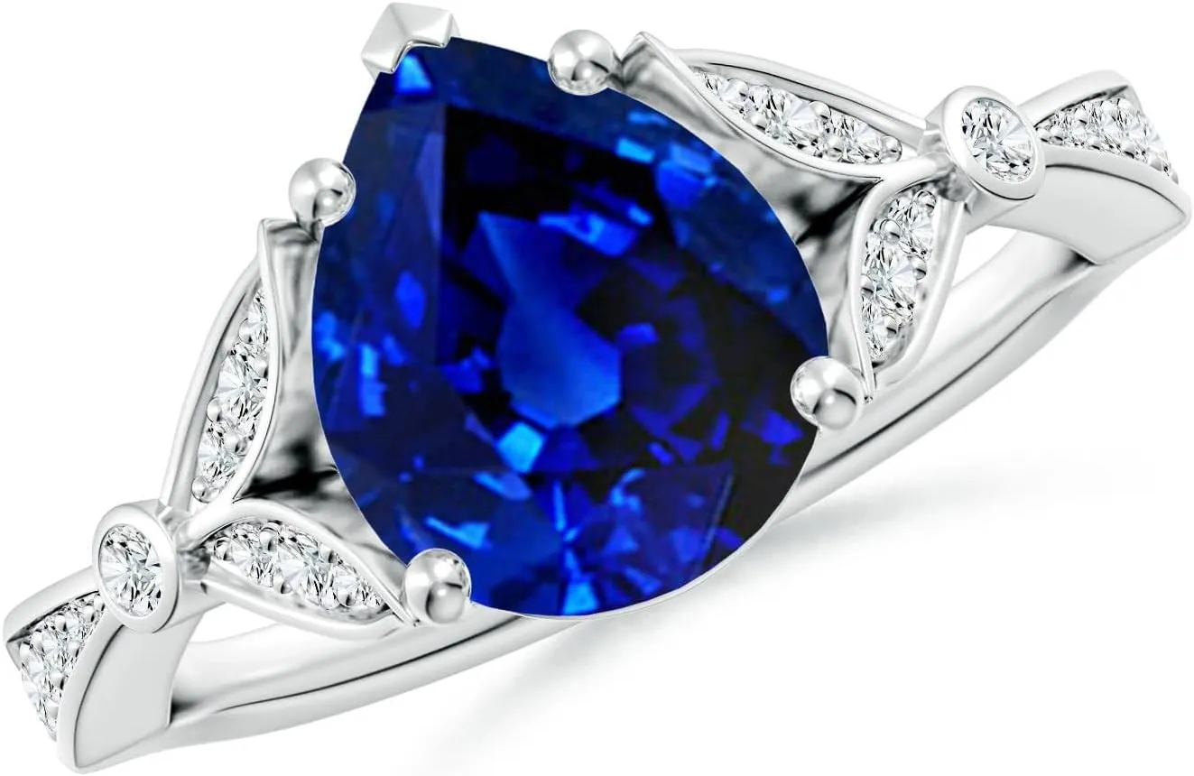 Angara Lab Grown Nature-Inspired Pear Blue Sapphire Engagement Ring with Leaf Motifs in 14K Solid Gold/Platinum | September Birthstone, Birthday, Anniversary, Wedding Jewelry Gift for Women