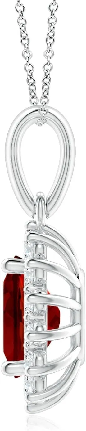 Angara Lab Grown Oval Ruby Pendant with Floral Halo in 14K Solid Gold/Platinum | July Birthstone, Birthday, Engagement, Anniversary, Wedding Jewelry Gift for Women