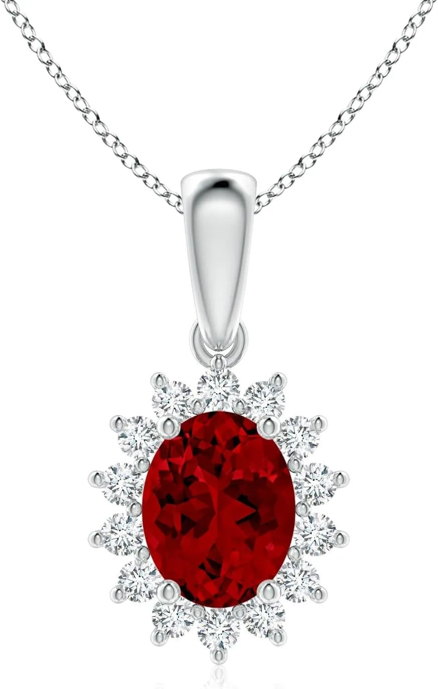 Angara Lab Grown Oval Ruby Pendant with Floral Halo in 14K Solid Gold/Platinum | July Birthstone, Birthday, Engagement, Anniversary, Wedding Jewelry Gift for Women