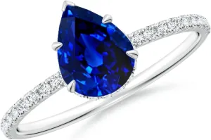 Angara Lab Grown Pear Blue Sapphire Hidden Halo Classic Engagement Ring in 14K Solid Gold/Platinum | September Birthstone, Birthday, Anniversary, Wedding Jewelry Gift for Women