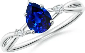 Angara Lab Grown Pear Blue Sapphire Side Stone Engagement Ring in 14K Solid Gold/Platinum | September Birthstone, Birthday, Anniversary, Wedding Jewelry Gift for Women