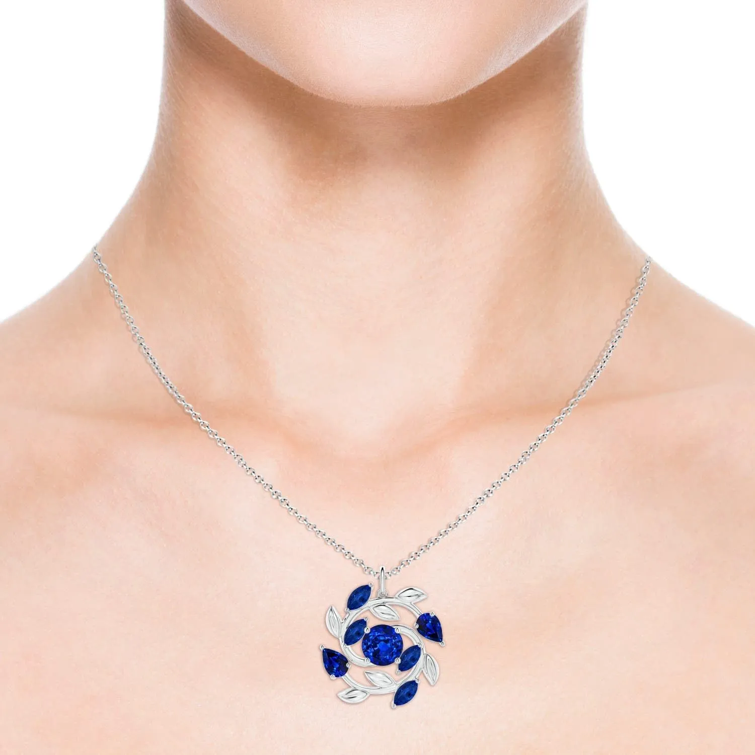 Angara Lab Grown Round and Marquise Blue Sapphire Olive Branch Pendant in 14K Solid Gold/Platinum | September Birthstone, Birthday, Engagement, Anniversary, Wedding Jewelry Gift for Women
