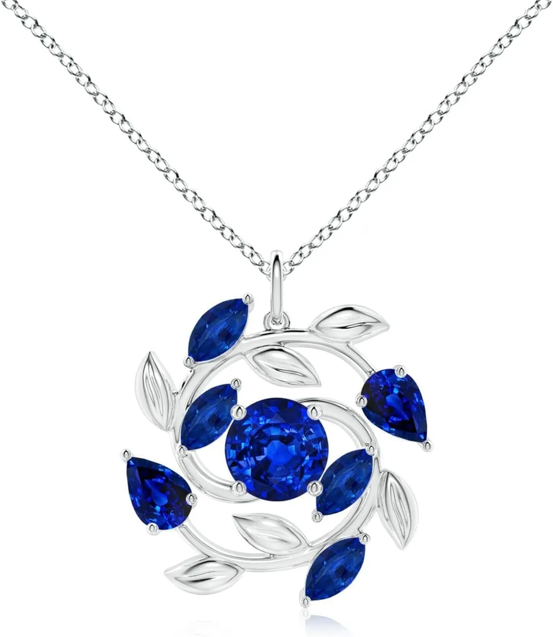 Angara Lab Grown Round and Marquise Blue Sapphire Olive Branch Pendant in 14K Solid Gold/Platinum | September Birthstone, Birthday, Engagement, Anniversary, Wedding Jewelry Gift for Women