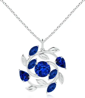 Angara Lab Grown Round and Marquise Blue Sapphire Olive Branch Pendant in 14K Solid Gold/Platinum | September Birthstone, Birthday, Engagement, Anniversary, Wedding Jewelry Gift for Women