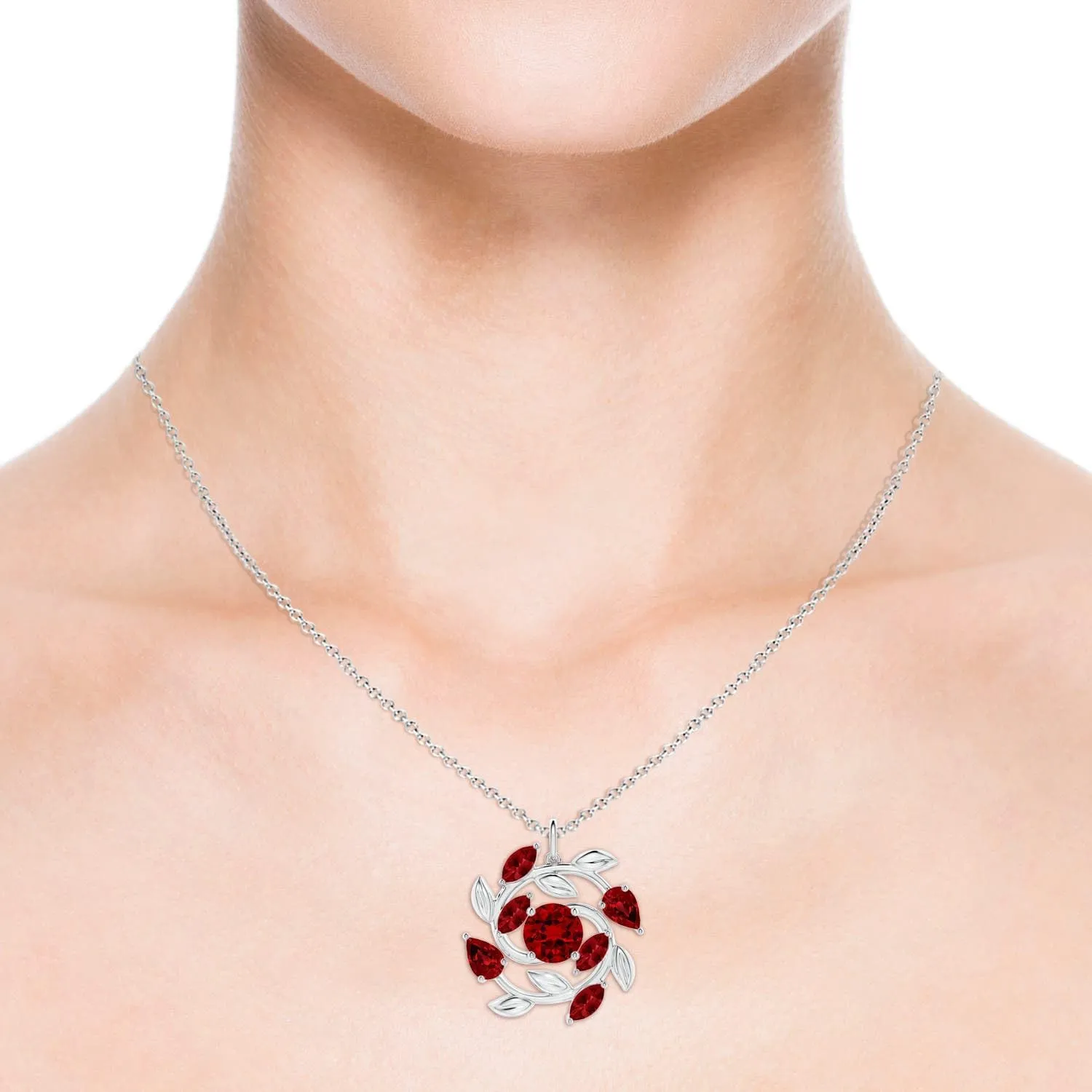 Angara Lab Grown Round and Marquise Ruby Olive Branch Pendant in 14K Solid Gold/Platinum | July Birthstone, Birthday, Engagement, Anniversary, Wedding Jewelry Gift for Women