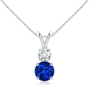 Angara Lab Grown Round Blue Sapphire and Diamond Two Stone Pendant in 14K Solid Gold/Platinum | September Birthstone, Birthday, Engagement, Anniversary, Wedding Jewelry Gift for Women