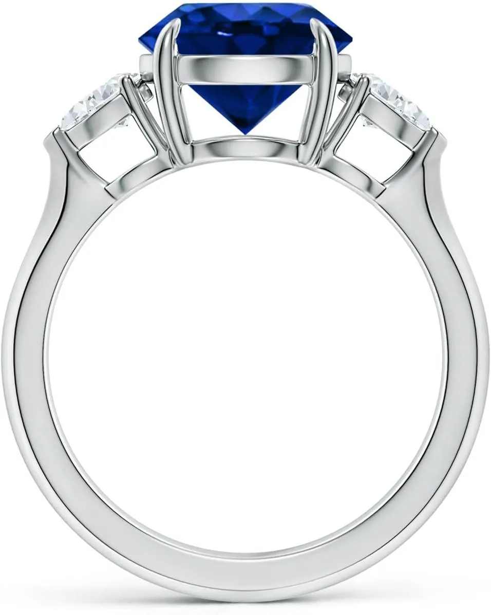 Angara Lab Grown Round Blue Sapphire and Pear Diamond Three Stone Engagement Ring in 14K Solid Gold/Platinum | September Birthstone, Birthday, Anniversary, Wedding Jewelry Gift for Women