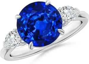 Angara Lab Grown Round Blue Sapphire and Pear Diamond Three Stone Engagement Ring in 14K Solid Gold/Platinum | September Birthstone, Birthday, Anniversary, Wedding Jewelry Gift for Women