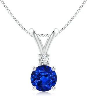 Angara Lab Grown Round Blue Sapphire Solitaire V-Bale Pendant with Lab Diamond in Silver / 14K Solid Gold/Platinum | September Birthstone, Birthday, Engagement, Anniversary Jewelry Gift for Women