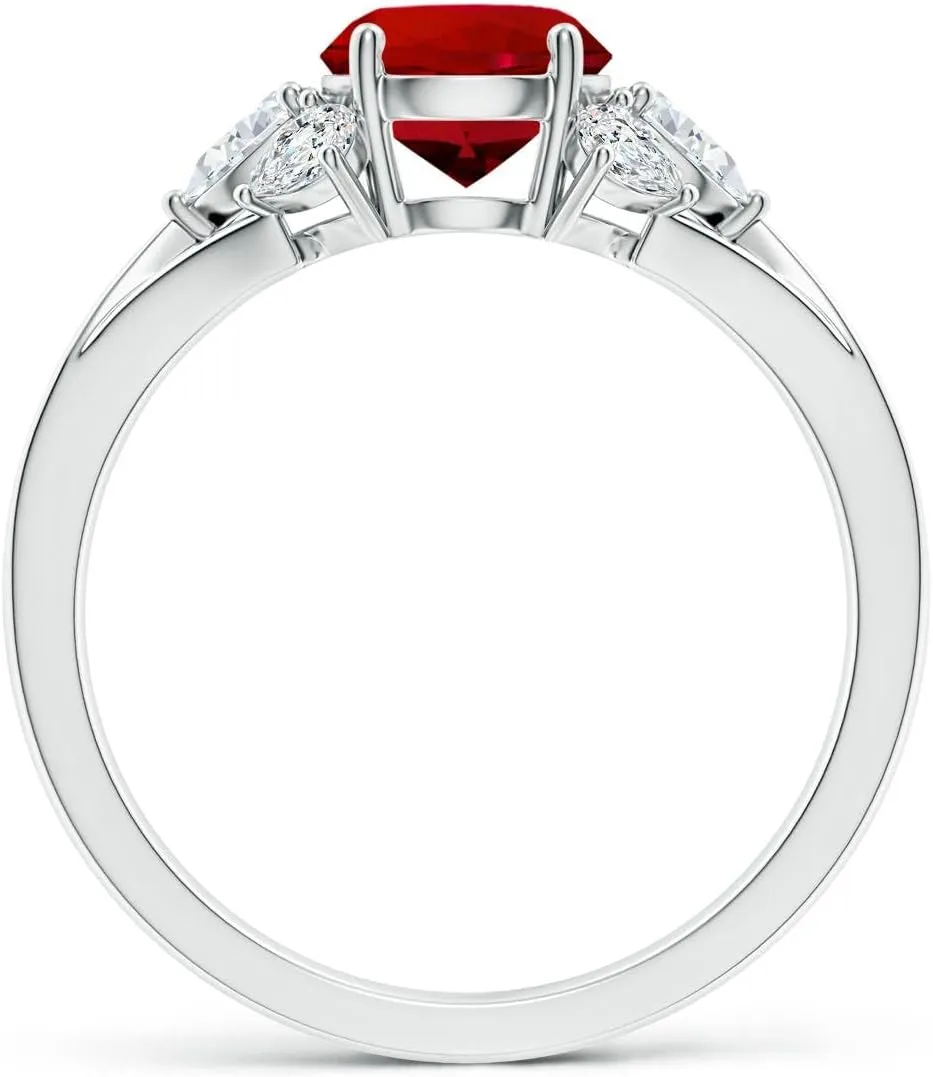 Angara Lab Grown Round Ruby Engagement Ring with Lab Pear Diamonds in 14K Solid Gold/Platinum | July Birthstone, Birthday, Anniversary, Wedding Jewelry Gift for Women