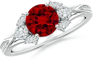 Angara Lab Grown Round Ruby Engagement Ring with Lab Pear Diamonds in 14K Solid Gold/Platinum | July Birthstone, Birthday, Anniversary, Wedding Jewelry Gift for Women