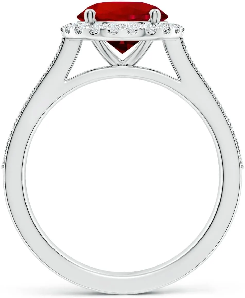 Angara Lab Grown Round Ruby Reverse Tapered Shank Halo Engagement Ring in 14K Solid Gold/Platinum | July Birthstone, Birthday, Anniversary, Wedding Jewelry Gift for Women