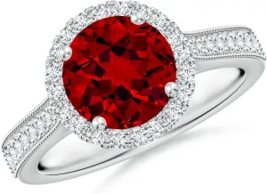 Angara Lab Grown Round Ruby Reverse Tapered Shank Halo Engagement Ring in 14K Solid Gold/Platinum | July Birthstone, Birthday, Anniversary, Wedding Jewelry Gift for Women