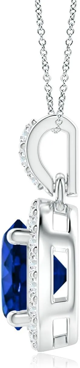 Angara Lab Grown Round Sapphire Dangle Pendant with Lab Diamond Halo in 14K Solid Gold/Platinum | September Birthstone, Birthday, Engagement, Anniversary, Wedding Jewelry Gift for Women