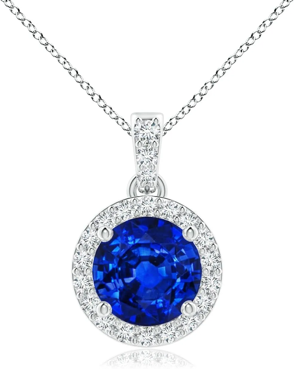 Angara Lab Grown Round Sapphire Dangle Pendant with Lab Diamond Halo in 14K Solid Gold/Platinum | September Birthstone, Birthday, Engagement, Anniversary, Wedding Jewelry Gift for Women