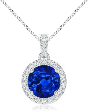 Angara Lab Grown Round Sapphire Dangle Pendant with Lab Diamond Halo in 14K Solid Gold/Platinum | September Birthstone, Birthday, Engagement, Anniversary, Wedding Jewelry Gift for Women