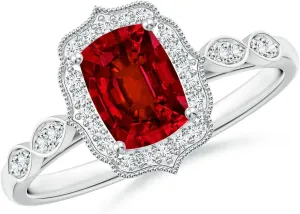 Angara Lab Grown Vintage Inspired Cushion Rectangular Ruby Ornate Halo Engagement Ring in 14K Solid Gold/Platinum | July Birthstone, Birthday, Anniversary, Wedding Jewelry Gift for Women