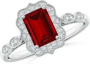 Angara Lab Grown Vintage Inspired Emerald-Cut Ruby Ornate Halo Engagement Ring in 14K Solid Gold/Platinum | July Birthstone, Birthday, Anniversary, Wedding Jewelry Gift for Women