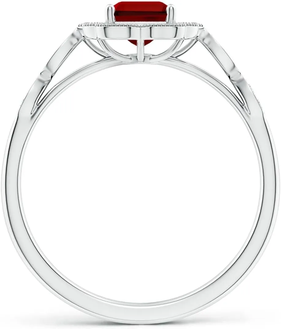 Angara Lab Grown Vintage Inspired Emerald-Cut Ruby Ornate Halo Engagement Ring in 14K Solid Gold/Platinum | July Birthstone, Birthday, Anniversary, Wedding Jewelry Gift for Women