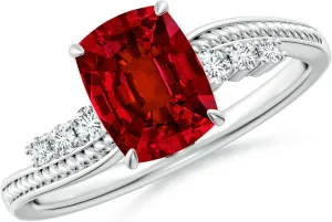 Angara Lab Grown Vintage Style Cushion Rectangular Ruby Bypass Shank Engagement Ring in 14K Solid Gold/Platinum | July Birthstone, Birthday, Anniversary, Wedding Jewelry Gift for Women