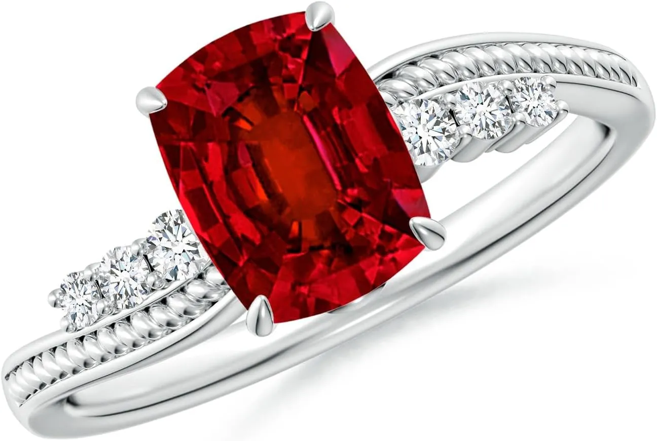 Angara Lab Grown Vintage Style Cushion Rectangular Ruby Bypass Shank Engagement Ring in 14K Solid Gold/Platinum | July Birthstone, Birthday, Anniversary, Wedding Jewelry Gift for Women