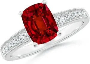 Angara Lab Grown Vintage Style Cushion Rectangular Ruby Engagement Ring with Accents in 14K Solid Gold/Platinum | July Birthstone, Birthday, Anniversary, Wedding Jewelry Gift for Women