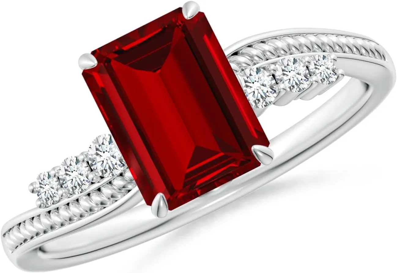 Angara Lab Grown Vintage Style Emerald-Cut Ruby Bypass Shank Engagement Ring in 14K Solid Gold/Platinum | July Birthstone, Birthday, Anniversary, Wedding Jewelry Gift for Women