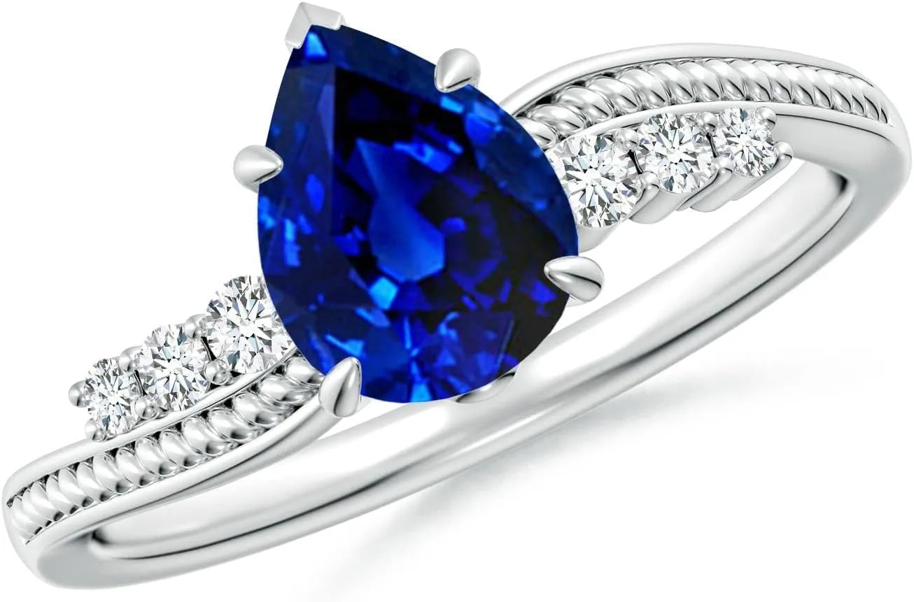 Angara Lab Grown Vintage Style Pear Blue Sapphire Bypass Shank Engagement Ring in 14K Solid Gold/Platinum | September Birthstone, Birthday, Anniversary, Wedding Jewelry Gift for Women