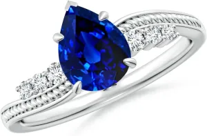 Angara Lab Grown Vintage Style Pear Blue Sapphire Bypass Shank Engagement Ring in 14K Solid Gold/Platinum | September Birthstone, Birthday, Anniversary, Wedding Jewelry Gift for Women