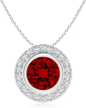 Angara Round Bezel-Set Lab Grown Ruby Pendant with Diamond Halo in 14K Solid Gold/Platinum | July Birthstone, Birthday, Engagement, Anniversary, Wedding Jewelry Gift for Women