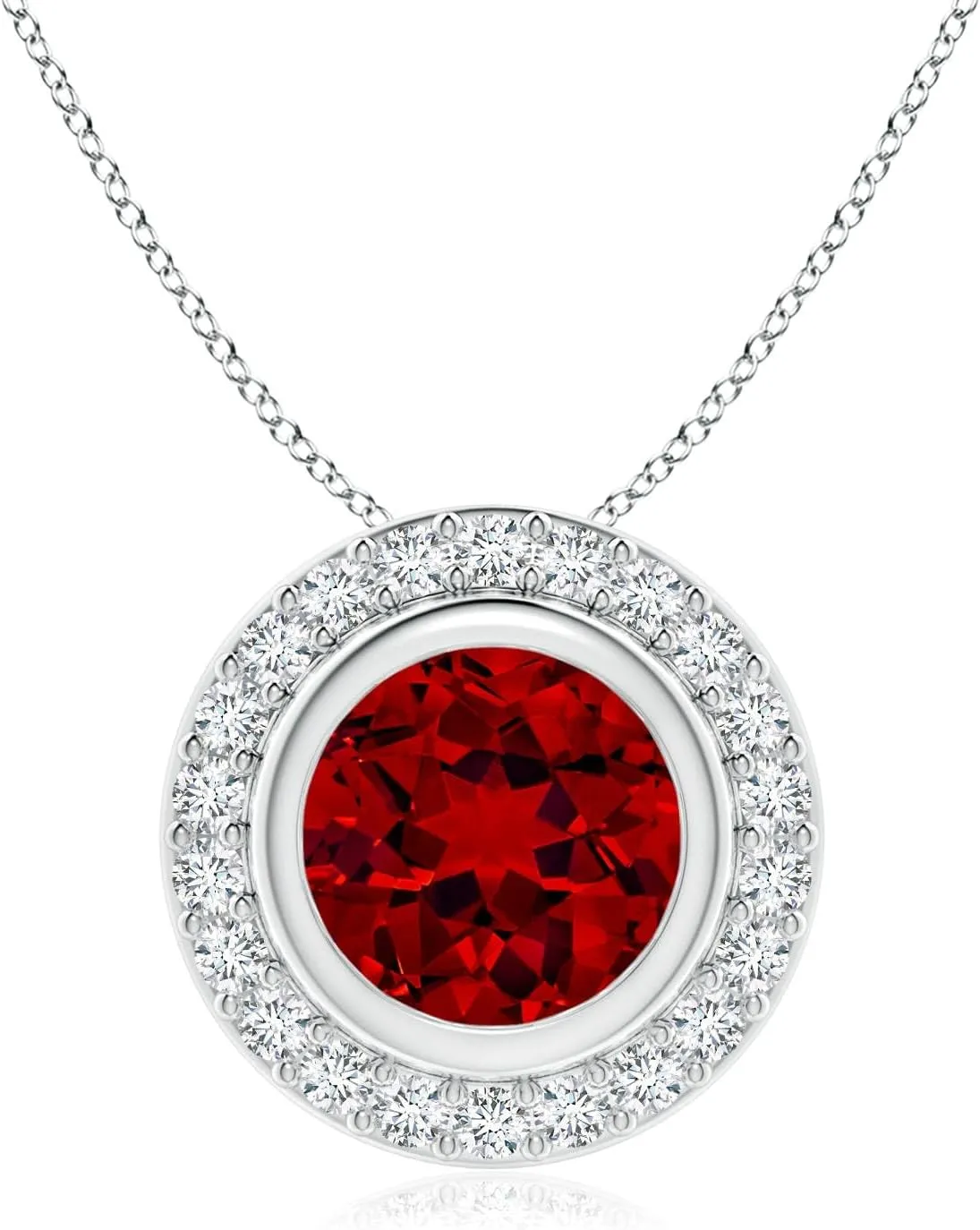 Angara Round Bezel-Set Lab Grown Ruby Pendant with Diamond Halo in 14K Solid Gold/Platinum | July Birthstone, Birthday, Engagement, Anniversary, Wedding Jewelry Gift for Women