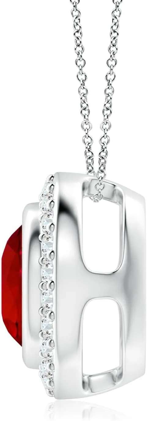 Angara Round Bezel-Set Lab Grown Ruby Pendant with Diamond Halo in 14K Solid Gold/Platinum | July Birthstone, Birthday, Engagement, Anniversary, Wedding Jewelry Gift for Women
