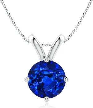 Angara Round Lab Grown Blue Sapphire Solitaire V-Bale Pendant in 14K Solid Gold/Platinum | September Birthstone, Birthday, Engagement, Anniversary, Wedding Jewelry Gift for Women