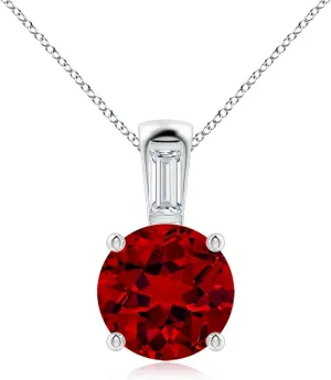 Angara Round Lab Grown Ruby Pendant with Baguette Diamond in 14K Solid Gold/Platinum | July Birthstone, Birthday, Engagement, Anniversary, Wedding Jewelry Gift for Women