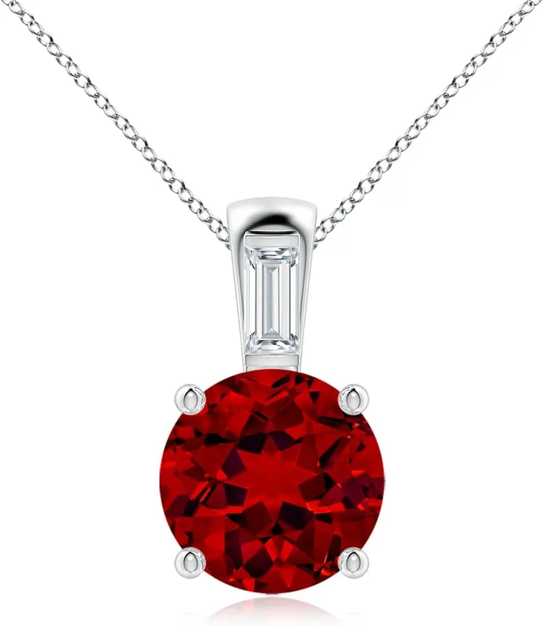 Angara Round Lab Grown Ruby Pendant with Baguette Diamond in 14K Solid Gold/Platinum | July Birthstone, Birthday, Engagement, Anniversary, Wedding Jewelry Gift for Women
