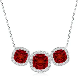Angara Three Stone Cushion Lab Grown Ruby Halo Pendant in 14K Solid Gold/Platinum | July Birthstone, Birthday, Engagement, Anniversary, Wedding Jewelry Gift for Women