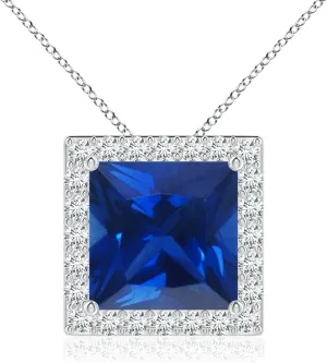 Angara Vintage Inspired Square Lab Grown Blue Sapphire Halo Pendant in 14K Solid Gold/Platinum | September Birthstone, Birthday, Engagement, Anniversary, Wedding Jewelry Gift for Women