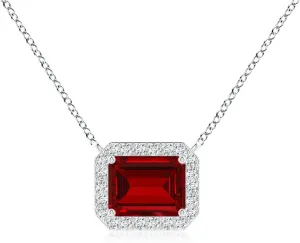Angara Vintage Style East-West Emerald-Cut Lab Grown Ruby Halo Pendant in 14K Solid Gold/Platinum | July Birthstone, Birthday, Engagement, Anniversary, Wedding Jewelry Gift for Women