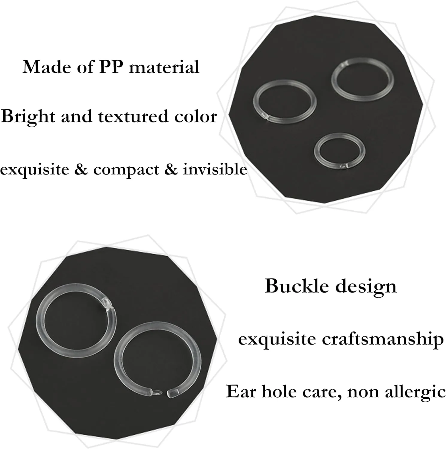 Anti-Allergy Plastic Hoop Ear Retainers, Clear Nose Rings, 16-20 Gauge, 4 Sizes, With Buckle, For Sensitive Ears & Skin