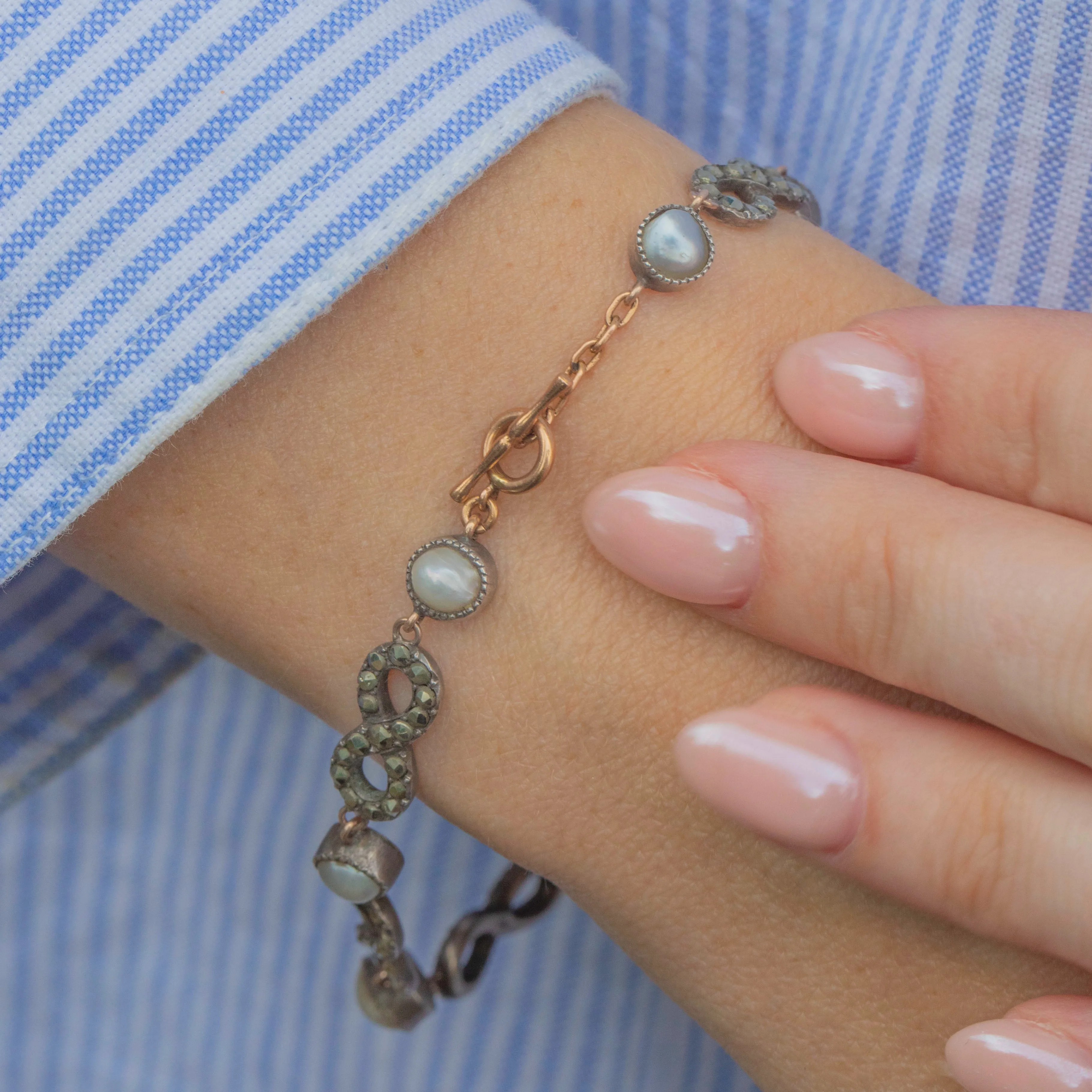 Antique Silver Mother of Pearl & Marcasite Infinity Link Bracelet