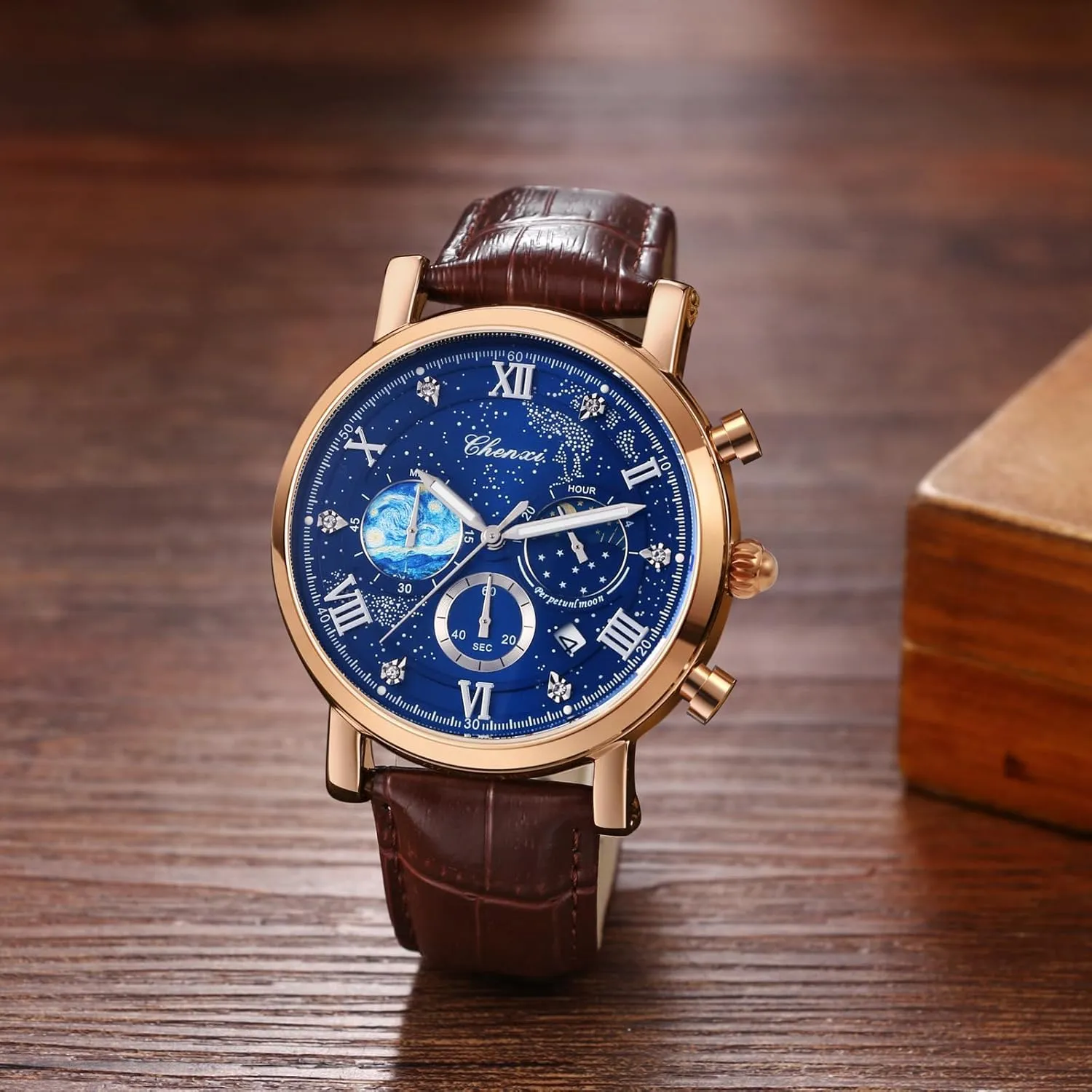 Avaner Men's Leather Strap Watches: Analog Quartz Wrist Watch with Luminous Hands and Three-Eye Dials