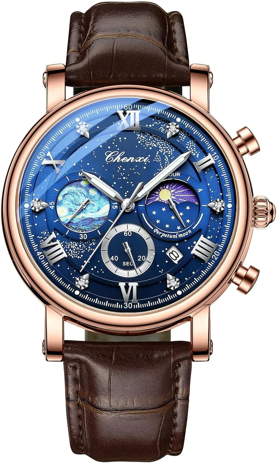 Avaner Men's Leather Strap Watches: Analog Quartz Wrist Watch with Luminous Hands and Three-Eye Dials