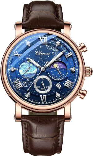 Avaner Men's Leather Strap Watches: Analog Quartz Wrist Watch with Luminous Hands and Three-Eye Dials