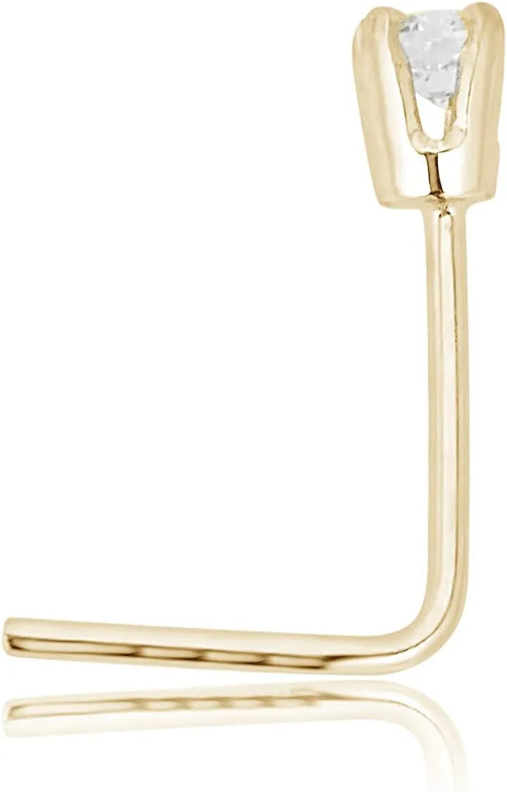AVORA 14K Gold 0.02 CT (1.8mm) Diamond L-Shape Nose Ring Body Jewelry - 022 Gauge