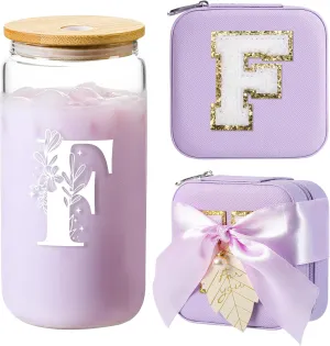AYGXU Bridesmaid proposal gifts,Travel Initial Jewelry Box for Girls,Travel Jewelry Case,Initial Glass Cup,Cute Tumbler Cup,Small Jewelry Organizer for Teen Girls Gifts,Initial F purple