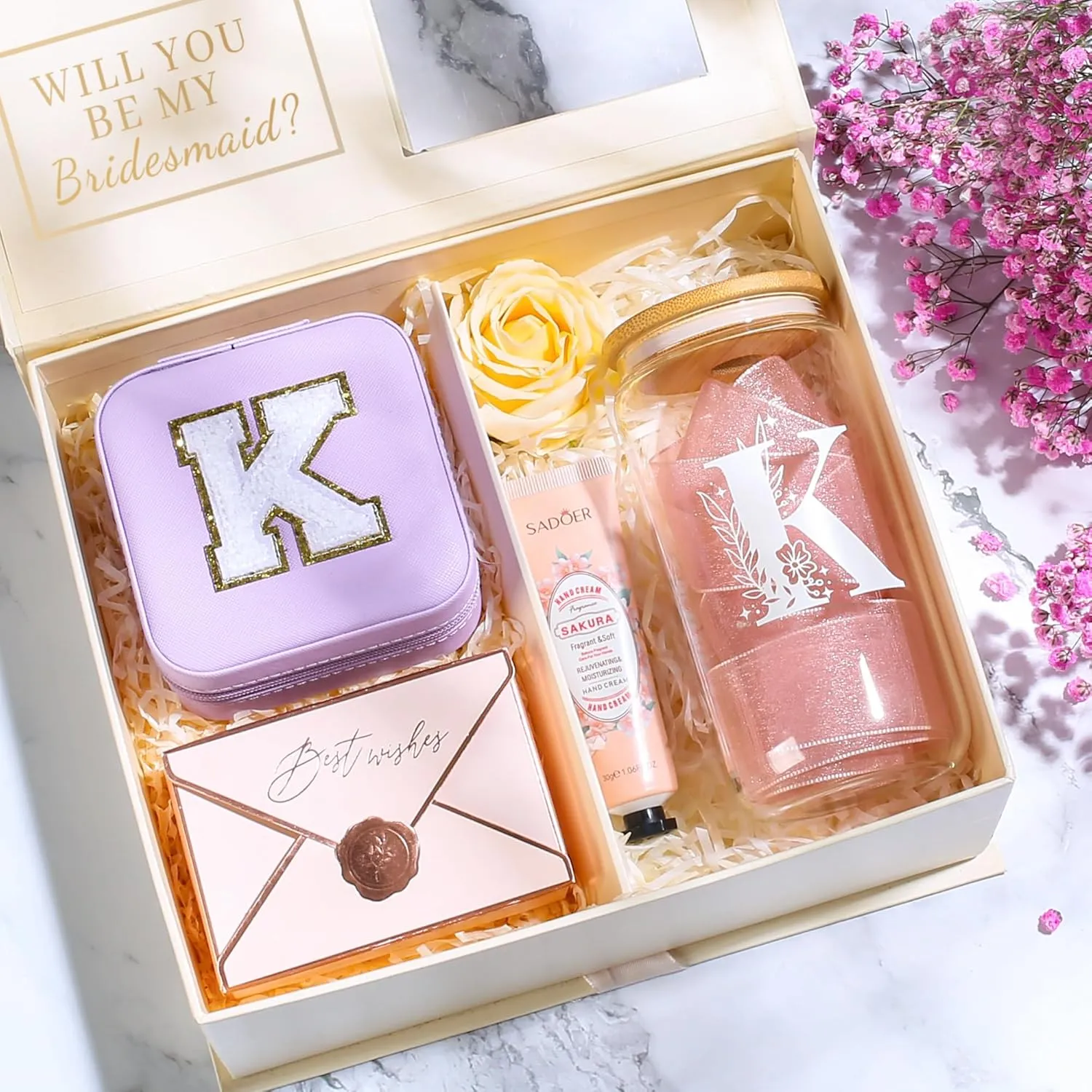 AYGXU Bridesmaid proposal gifts,Travel Initial Jewelry Box for Girls,Travel Jewelry Case,Initial Glass Cup,Cute Tumbler Cup,Small Jewelry Organizer for Teen Girls Gifts,Initial F purple