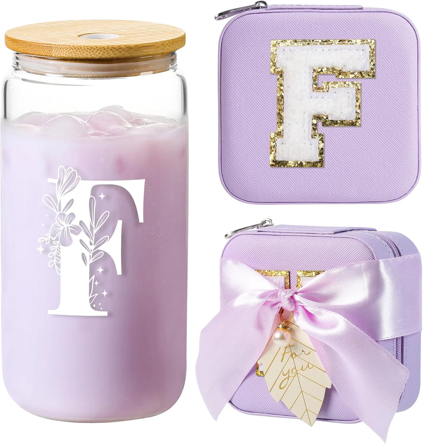 AYGXU Bridesmaid proposal gifts,Travel Initial Jewelry Box for Girls,Travel Jewelry Case,Initial Glass Cup,Cute Tumbler Cup,Small Jewelry Organizer for Teen Girls Gifts,Initial F purple
