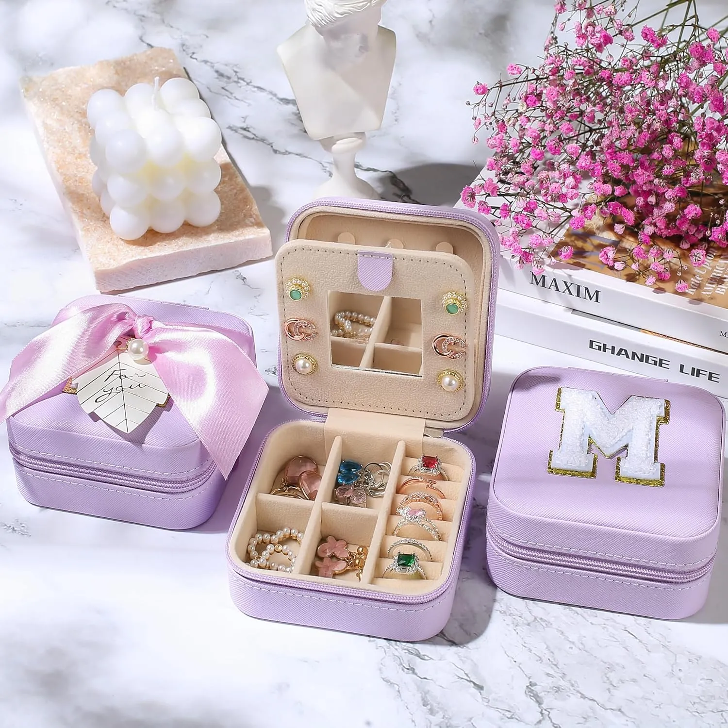 AYGXU Bridesmaid proposal gifts,Travel Initial Jewelry Box for Girls,Travel Jewelry Case,Initial Glass Cup,Cute Tumbler Cup,Small Jewelry Organizer for Teen Girls Gifts,Initial F purple